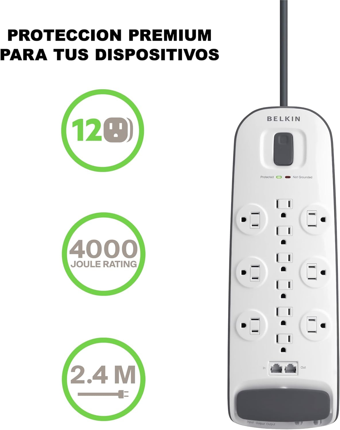 Power Strip Surge Protector - 12 AC Multiple Outlets, Ethernet & Cable Protection - 8 Ft Long Extension Cord for Home, Office, Travel, Computer Desktop & Phone Charger - 3996 Joules, White