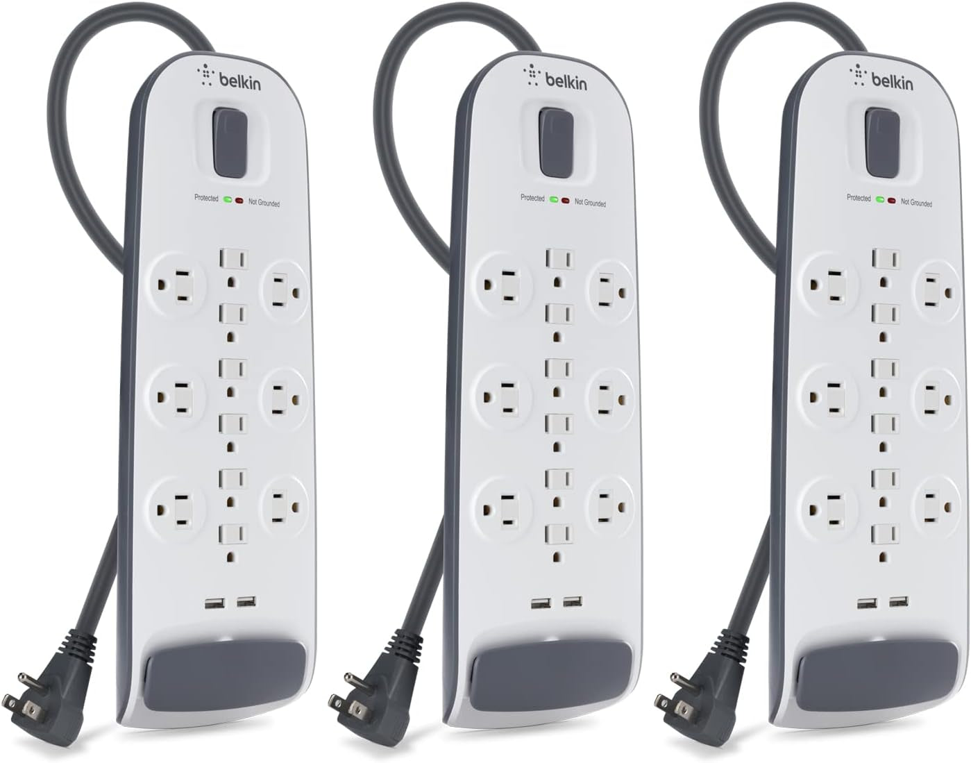 12-Outlet USB Power Strip Surge Protector, Flat Plug, 6Ft Cord (3,996 Joules), White - Pack of 3