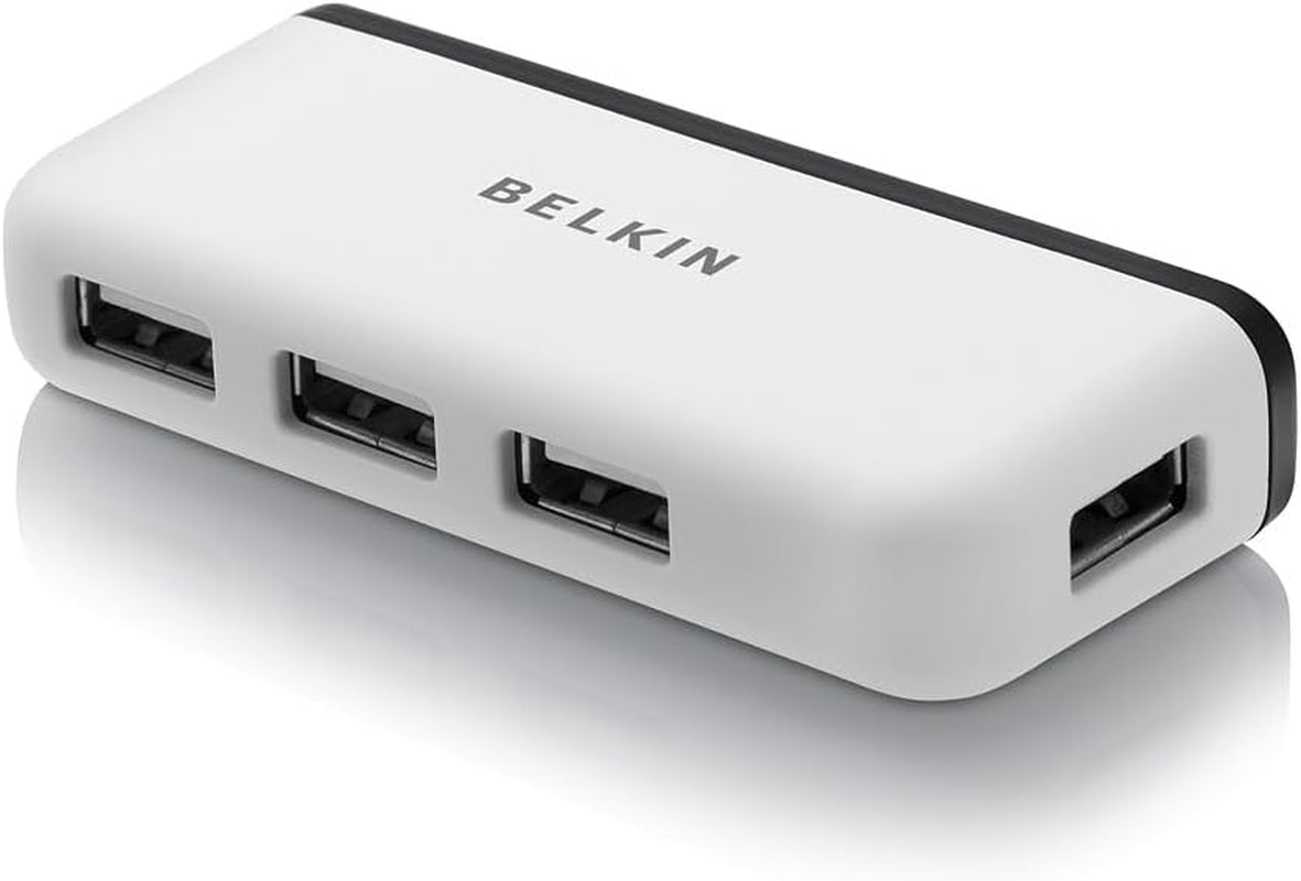 Belkin 4-Port USB 2.0 Travel Hub, Compact & Portable Multi-Port USB Adapter for Laptops, Tablets, & Other Devices, High-Speed Data Transfer, Plug-And-Play W/ Built-In Cable Management - White