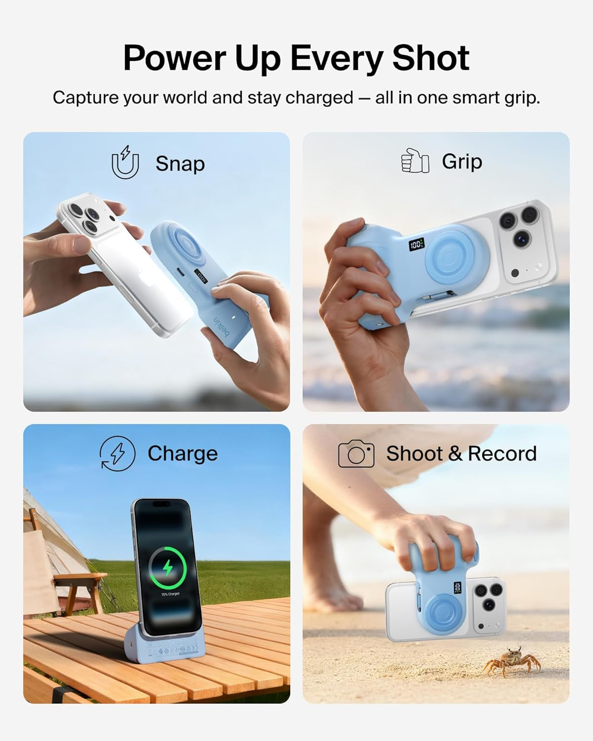 Magnetic Wireless Charging Camera Grip 9300Mah, Power Bank W/Retractable USB C Cable, Bluetooth Connection, Tripod Attachment, LCD Screen, Ergonomic, Portable Charger for Iphone & Smartphones