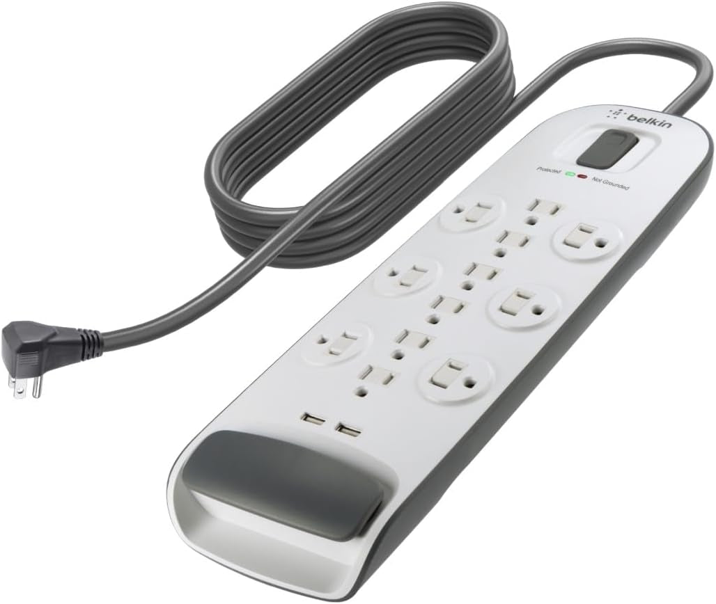 Belkin USB Power Strip Surge Protector - 12 AC Multiple Outlets & 2 USB Ports - 6 Ft Long Flat Plug Extension Cord for Home, Office, Travel, Computer Desktop & Charging Brick - White (3,996 Joules)
