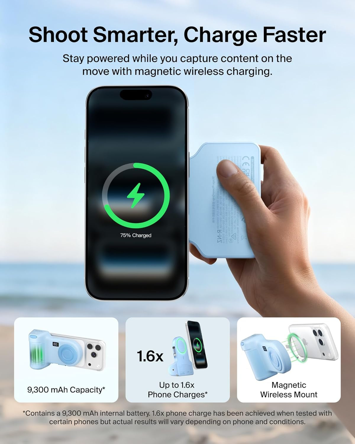 Magnetic Wireless Charging Camera Grip 9300Mah, Power Bank W/Retractable USB C Cable, Bluetooth Connection, Tripod Attachment, LCD Screen, Ergonomic, Portable Charger for Iphone & Smartphones