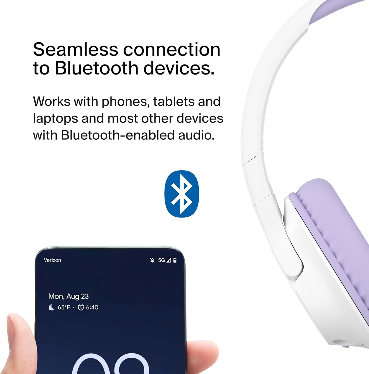 Soundform Inspire Wireless Over-Ear Headset for Kids, Online Learning & Travel W/Built-In Microphone, 85Db Safe Volume Limit, 35H Battery - Compatible W/Iphone, Ipad, Galaxy & More - Lavender