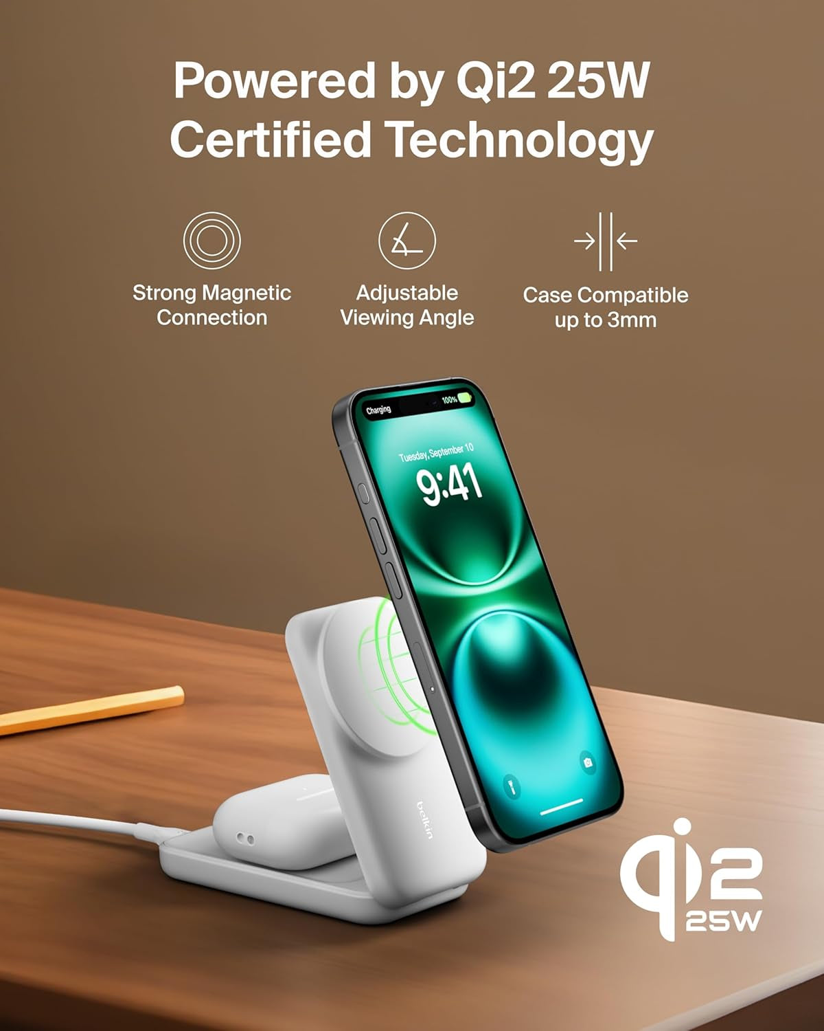 Magsafe Charger, Compatible 2-In-1 Charging Station, Qi2.2 25W Magnetic Wireless Charger Iphone, Foldable Stand, with 5W USB-C Port, for Iphone 17/16/15, Pixel 10, Airpods, 45W Adapter Included