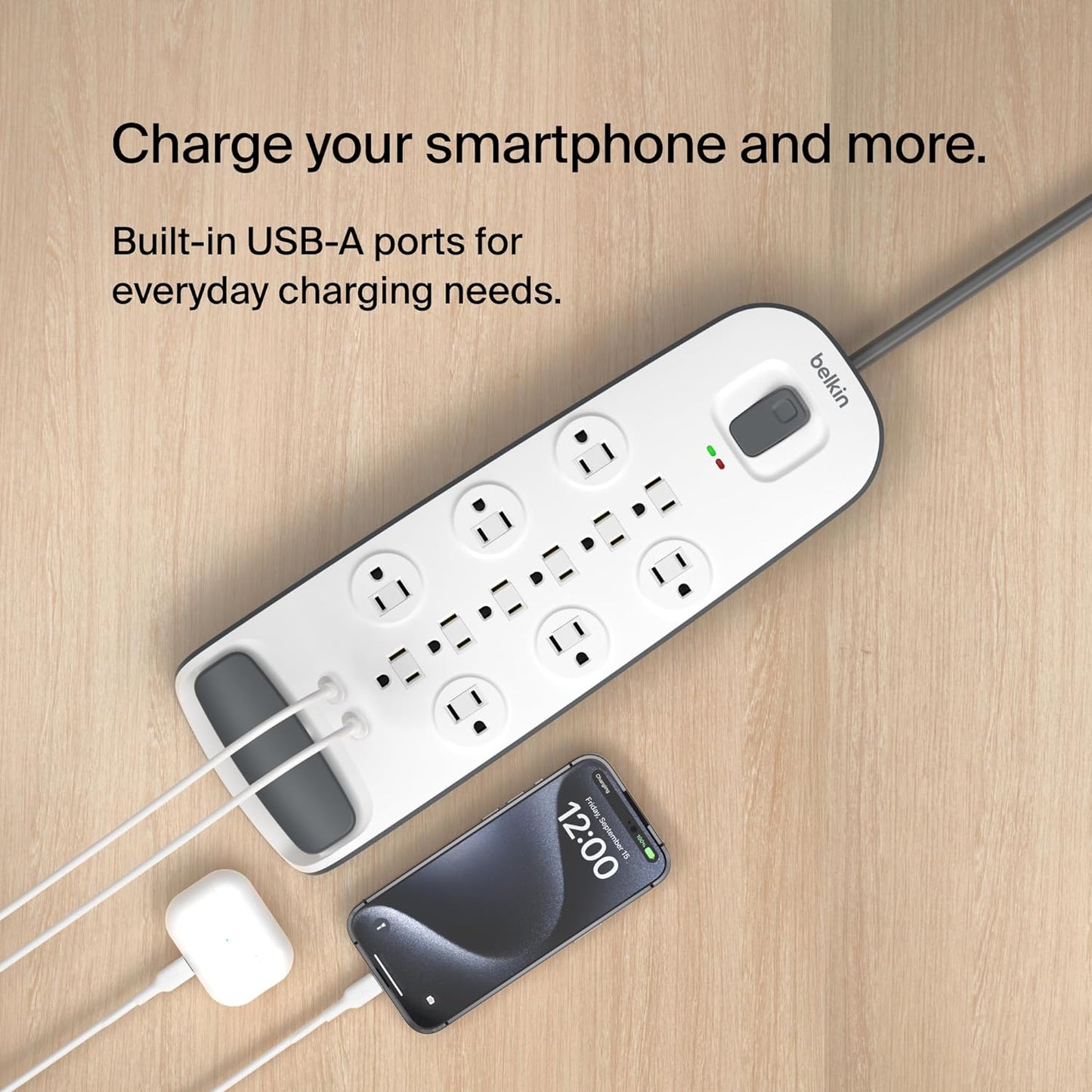 Belkin USB Power Strip Surge Protector - 12 AC Multiple Outlets & 2 USB Ports - 6 Ft Long Flat Plug Extension Cord for Home, Office, Travel, Computer Desktop & Charging Brick - White (3,996 Joules)