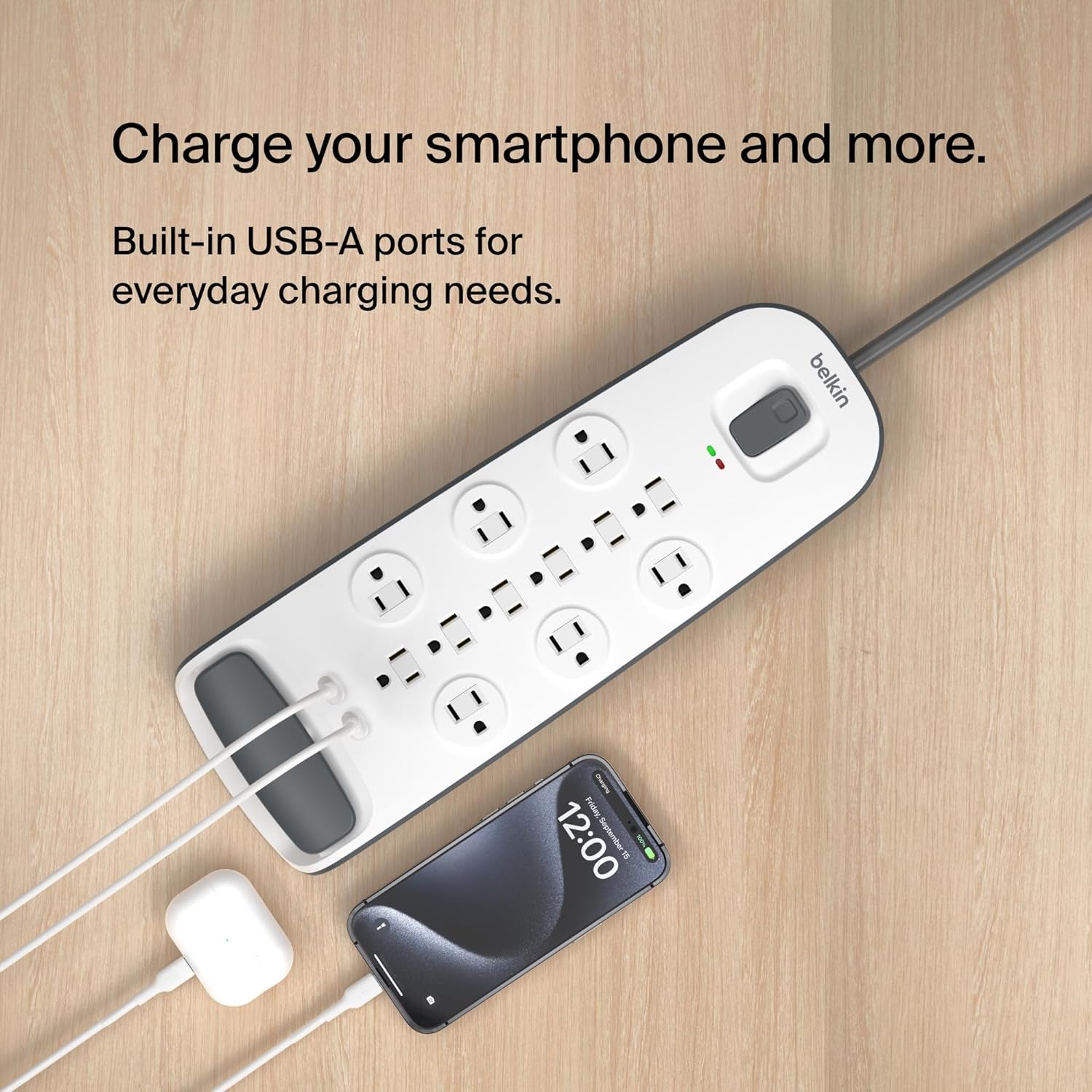 Belkin USB Power Strip Surge Protector - 12 AC Multiple Outlets & 2 USB Ports - 6 Ft Long Flat Plug Extension Cord for Home, Office, Travel, Computer Desktop & Charging Brick - White (3,996 Joules)