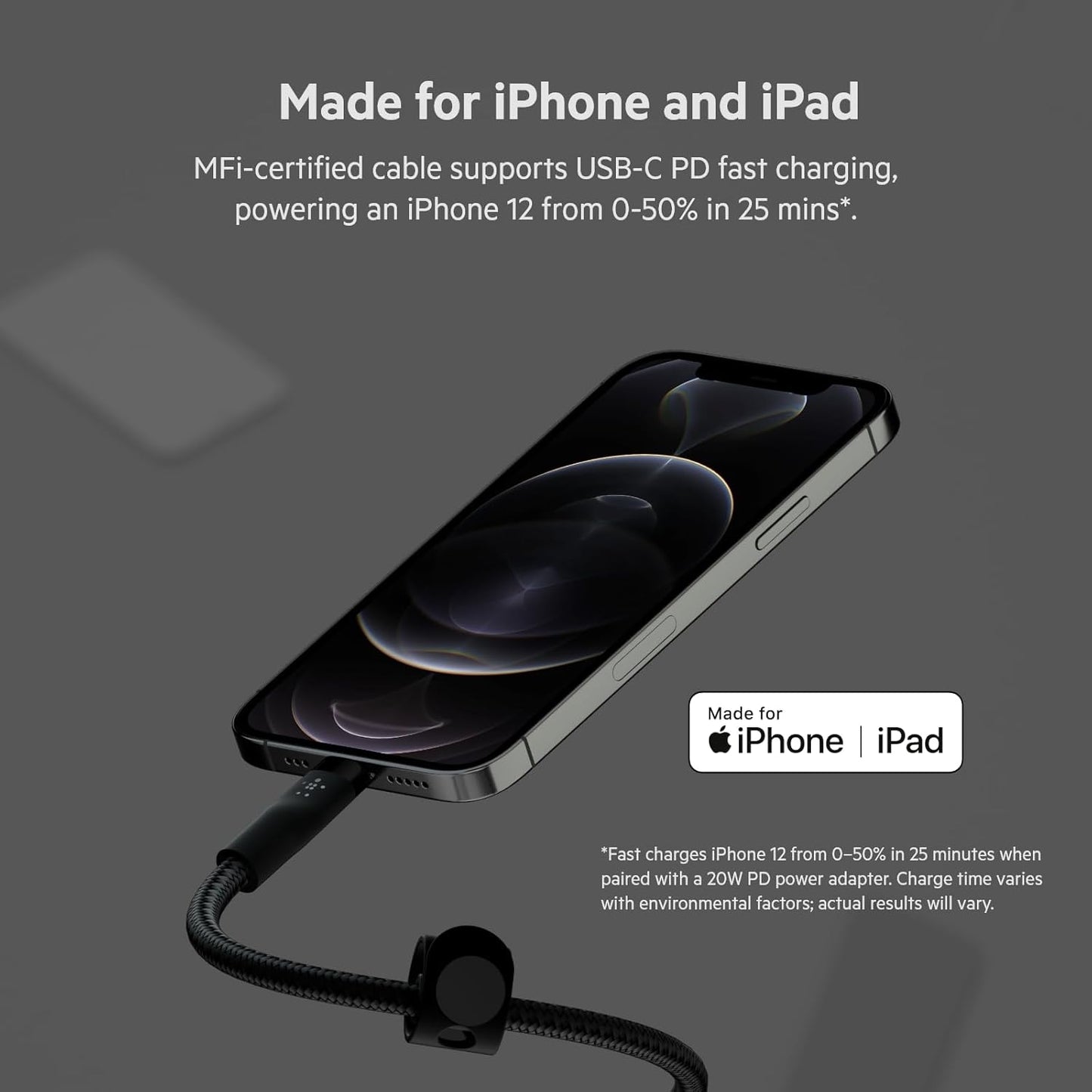 Boostcharge Pro Flex Braided USB Type C to Lightning Cable (2M/6.6Ft), Mfi Certified 20W Fast Charging PD Power Delivery for Iphone 14, Iphone 13, 12, 11, Pro, Max, Mini, SE, Ipad - Black