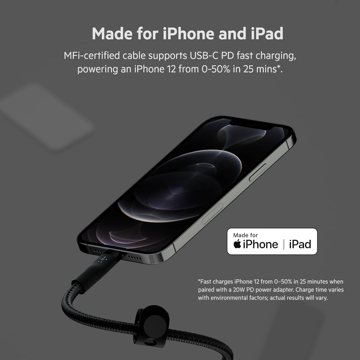 Boostcharge Pro Flex Braided USB Type C to Lightning Cable (2M/6.6Ft), Mfi Certified 20W Fast Charging PD Power Delivery for Iphone 14, Iphone 13, 12, 11, Pro, Max, Mini, SE, Ipad - Black