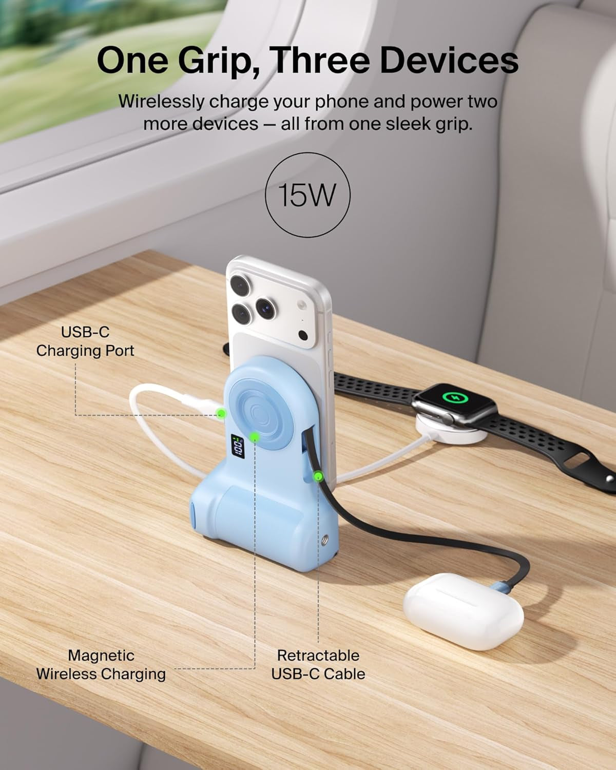 Magnetic Wireless Charging Camera Grip 9300Mah, Power Bank W/Retractable USB C Cable, Bluetooth Connection, Tripod Attachment, LCD Screen, Ergonomic, Portable Charger for Iphone & Smartphones