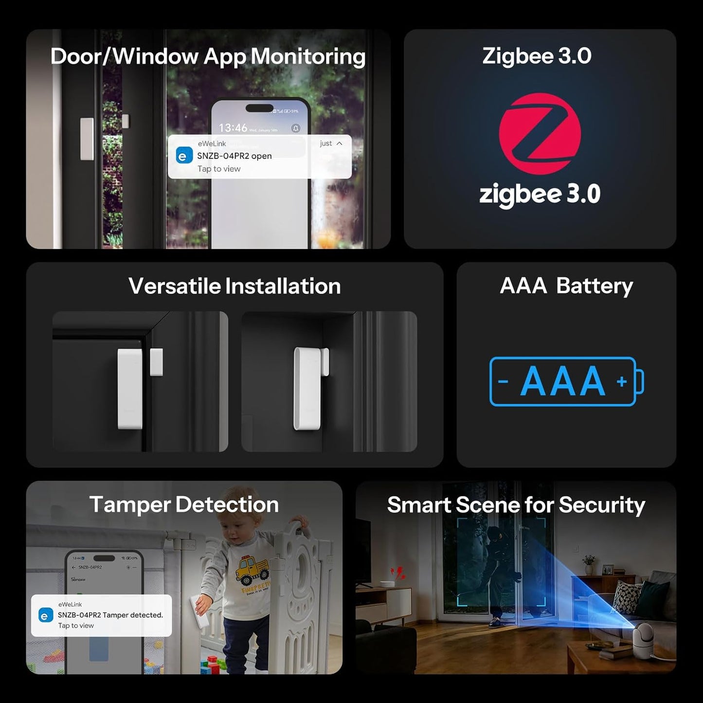 Senseguard DW Gen2 SNZB-04PR2 Zigbee Door and Window Contact Sensor - 4-Pack, Open/Close Monitoring, Tamper-Proof Design, Mobile Alerts, Compatible with Alexa, Home Assistant, and SmartThings for Enhanced Home Security