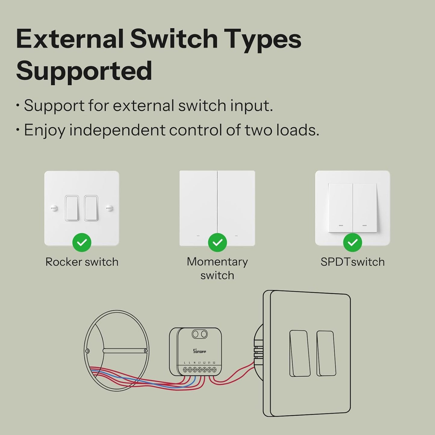 MINI Duo 2-Channel WiFi Smart Switch, 16A Total Load, Matter over WiFi, Remote and Automated Control, Neutral Wire Required, Compatible with Alexa and Google Assistant, Single Pack