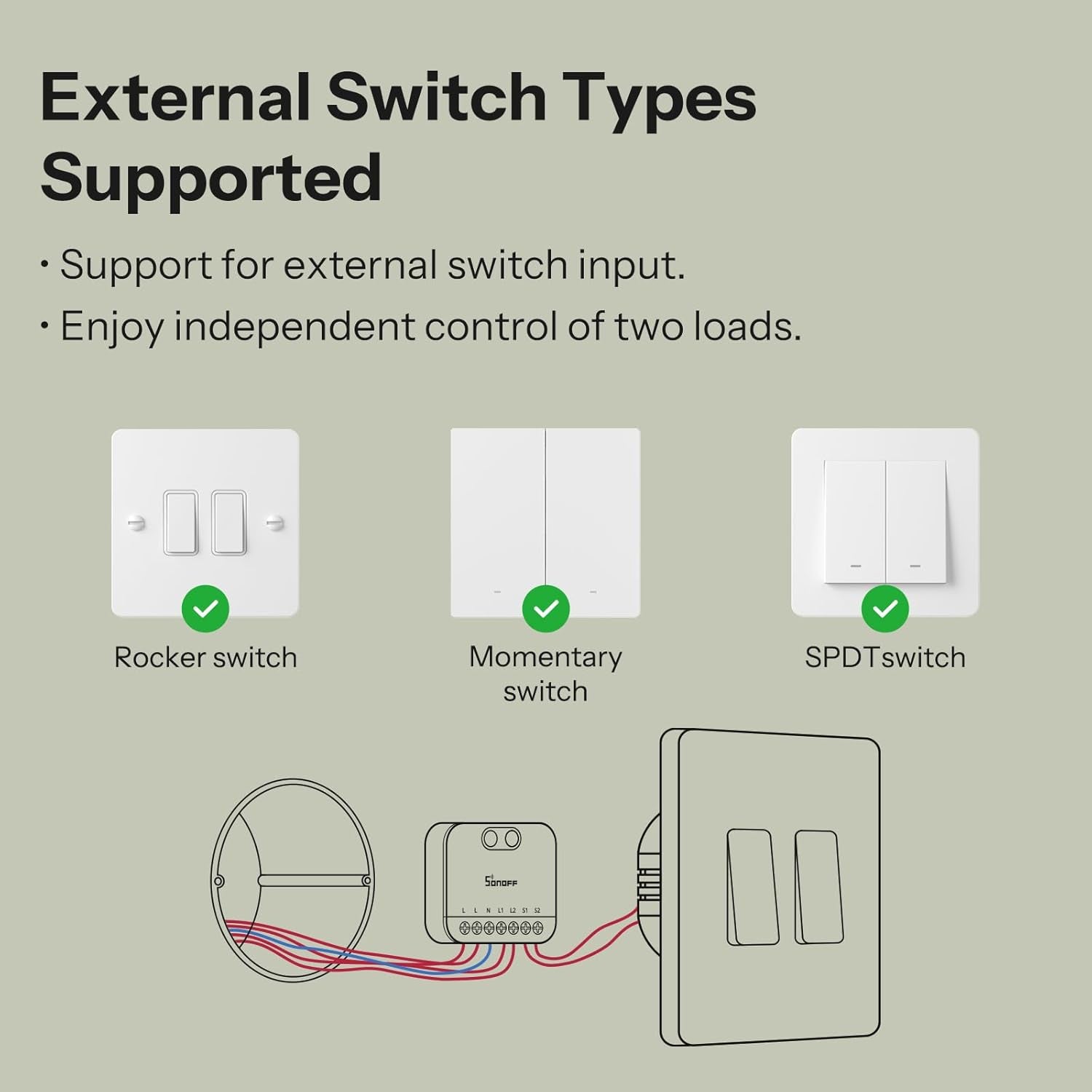 MINI Duo 2-Channel WiFi Smart Switch, 16A Total Load, Matter over WiFi, Remote and Automated Control, Neutral Wire Required, Compatible with Alexa and Google Assistant, Single Pack