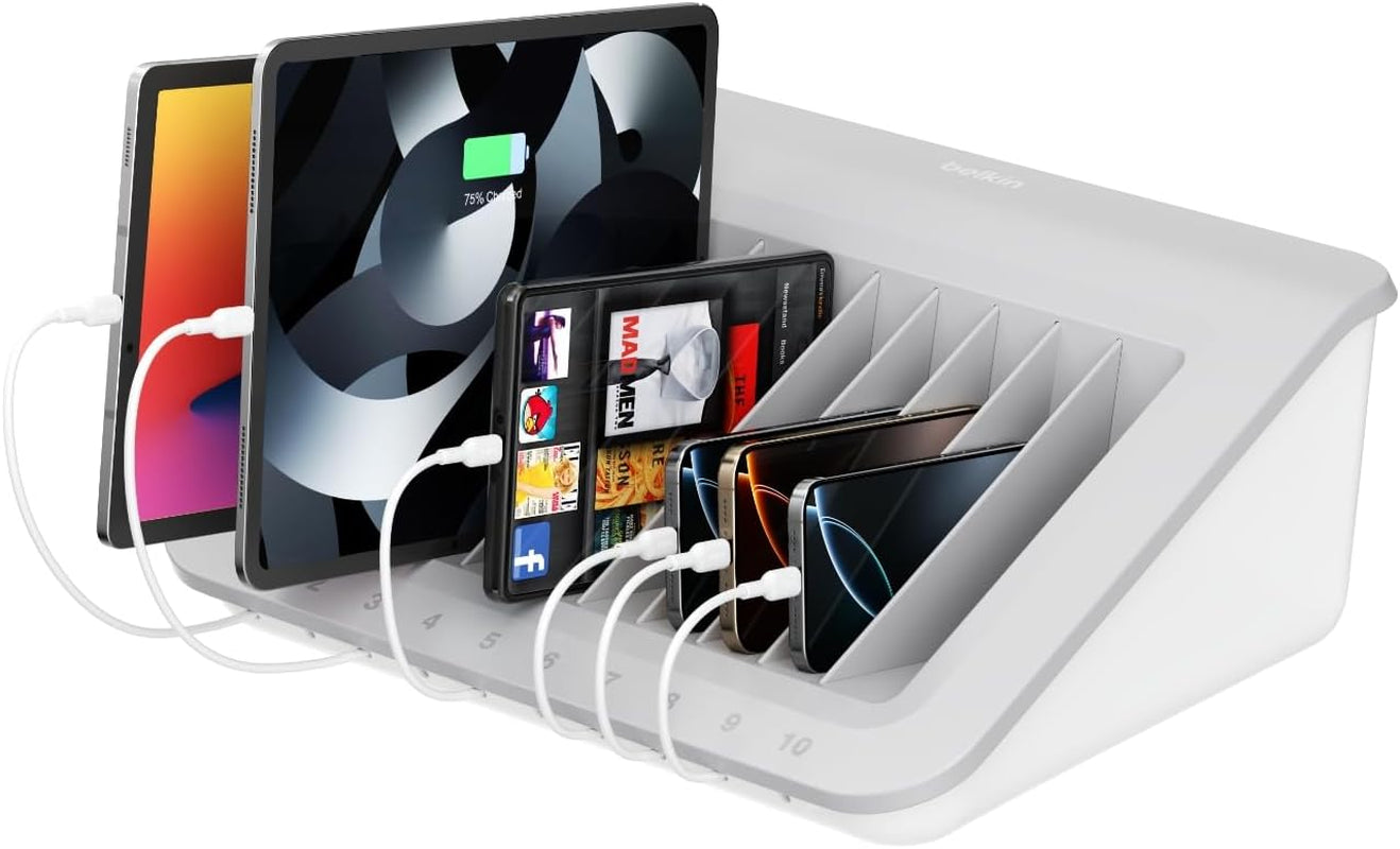 Charging Station for Laptops with Surge Protector - 10 Device USB Charging Dock for Tablets, Laptops, Chromebooks – Cable Management for Classrooms, Offices, Tech Labs, Shared Spaces, & More