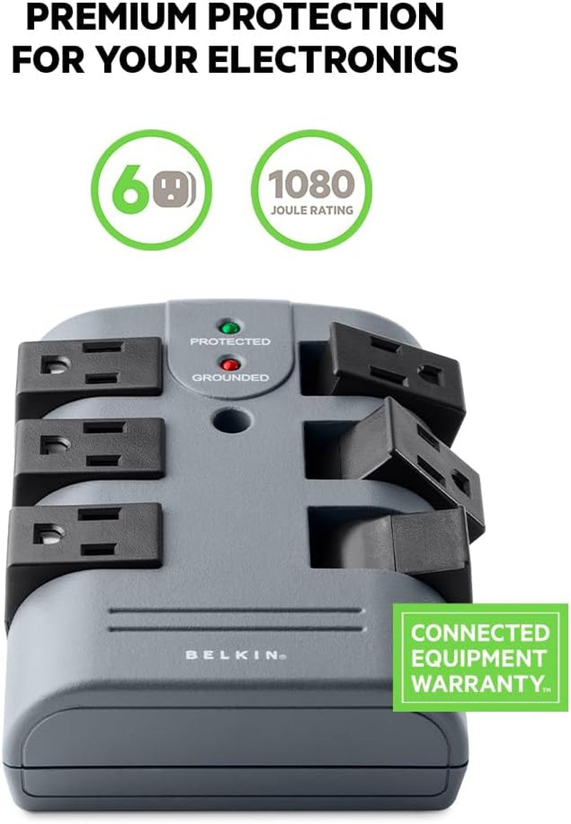 Belkin Power Strip Surge Protector - 6 Rotating AC Multiple Outlets, Flat Pivot Plug - Heavy Duty Wall Outlet Extender for Home, Office, Travel, Computer Desktop & Phone Charging Brick (1,080 Joules)