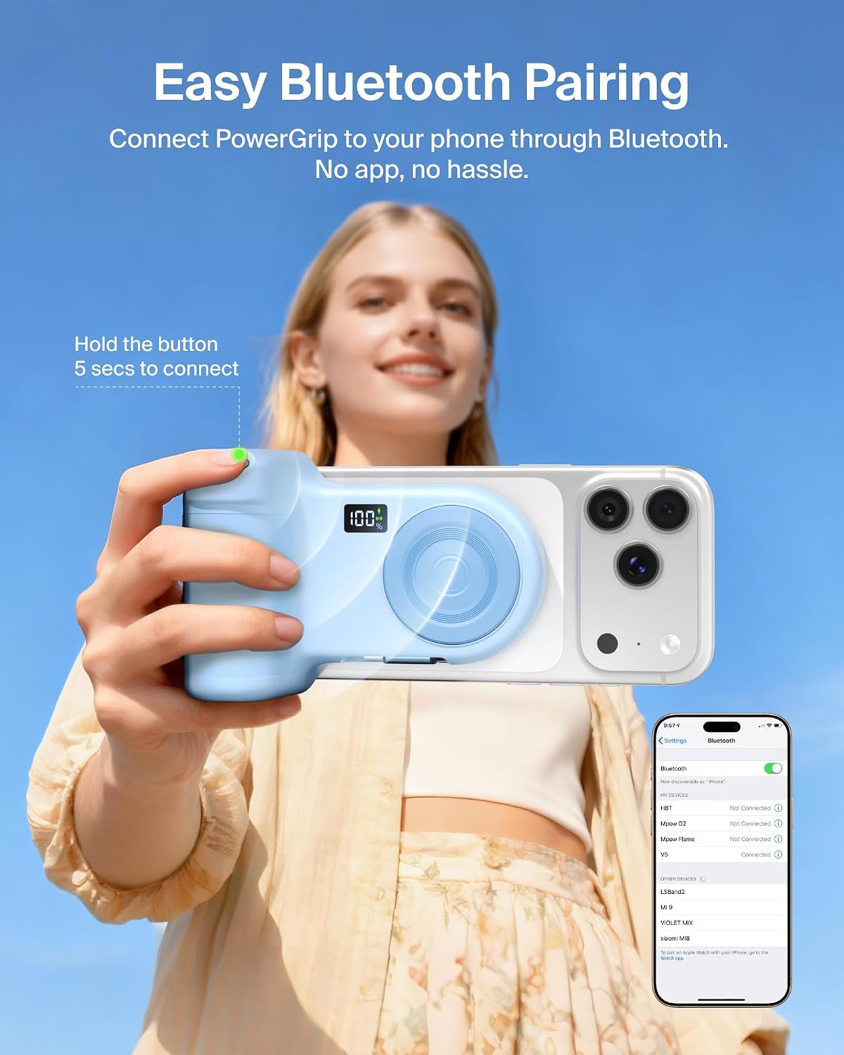 Magnetic Wireless Charging Camera Grip 9300Mah, Power Bank W/Retractable USB C Cable, Bluetooth Connection, Tripod Attachment, LCD Screen, Ergonomic, Portable Charger for Iphone & Smartphones