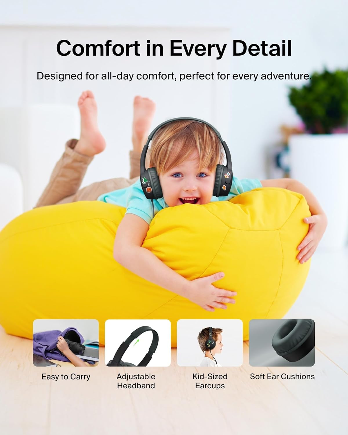 Soundform Mini Kids Wired Headphones W/Usb C to 3.5Mm Dongle, Built-In Mic & Fun Stickers, 85Db Max Volume – for Online Learning, Travel, Compatible W/Iphone 16, Ipad, Galaxy S25, Etc - Black
