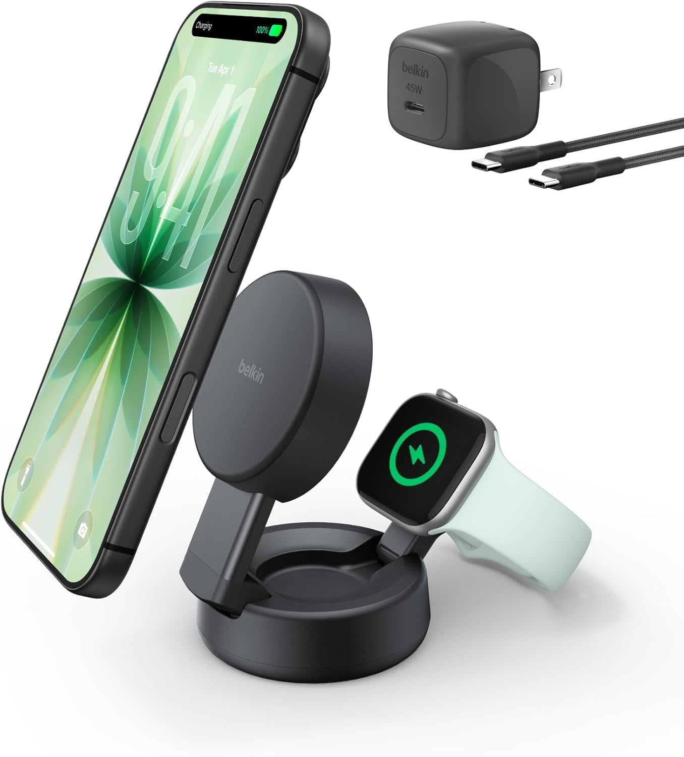 Magsafe Charger Compatible, 2-In-1 Wireless Charging Station, Qi2.2 25W Convertible Magnetic Charger for Iphone 17, Apple Watch Series 10, Google Pixel 10, and More (45W Adapter Included)