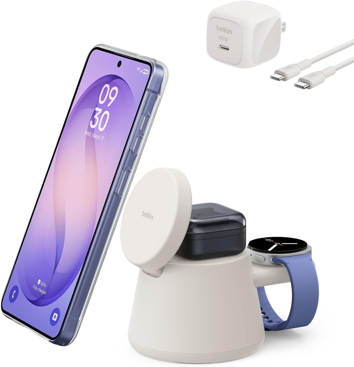 3-In-1 Wireless Charging Station for Samsung Galaxy S26, Android - Qi2.2 25W Magnetic Charger for Pixel 10, Iphone 17, USB C Port for Galaxy, Pixel, & Apple Watch (Watch Charger Not Included)