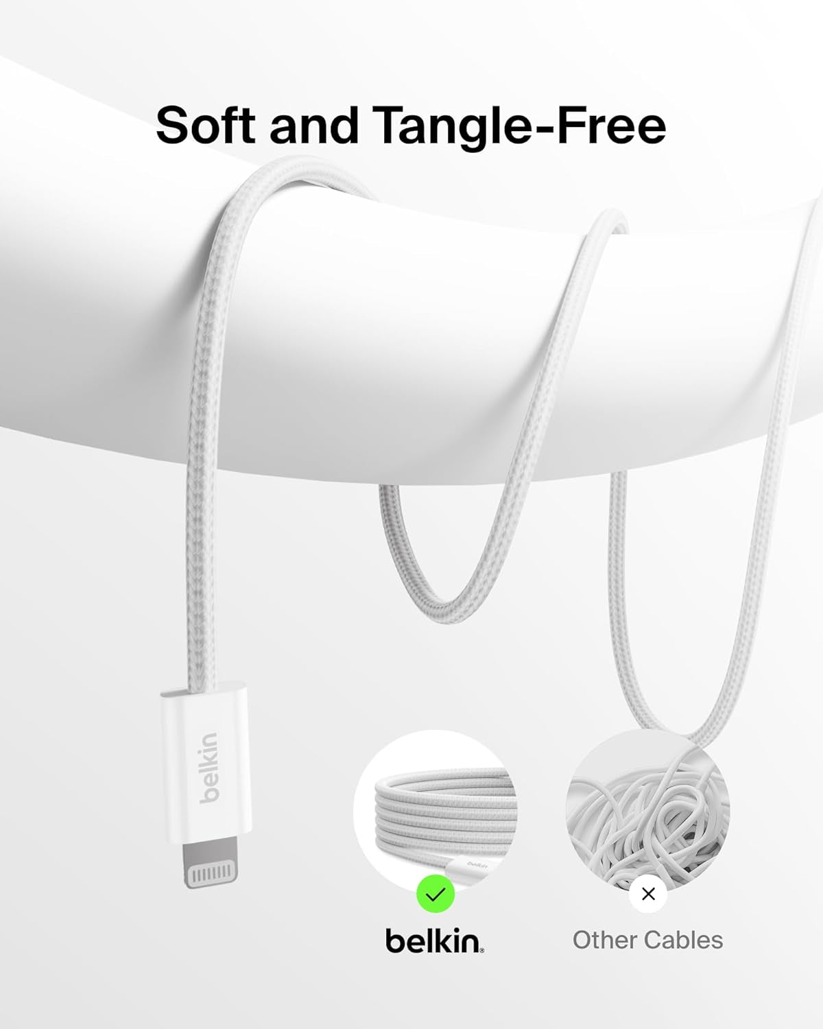 USB C Cable W/Lightning Connector, 6.6Ft - Soft, Flexible Fast-Charging Cable, Lightning Charger Cord for Iphone 14 & Earlier Series, Ipad 9Th Gen, Airpods & More - White