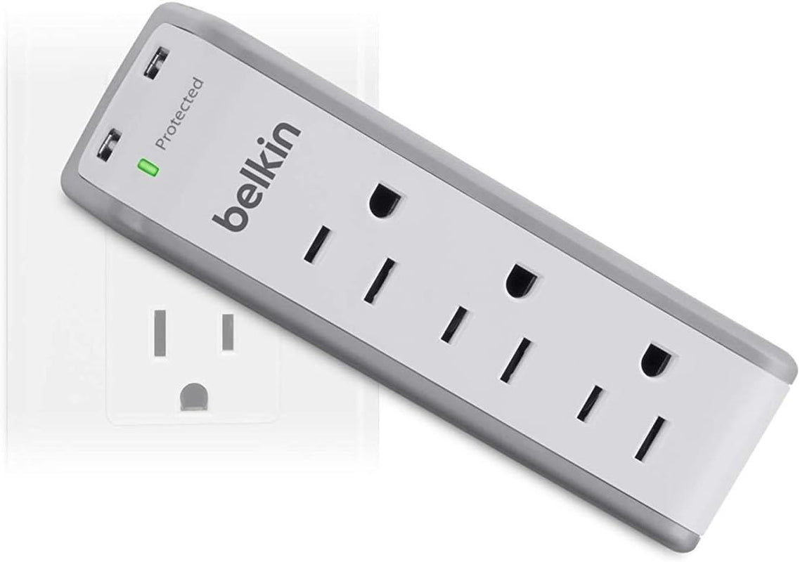 Belkin Wall Mount Surge Protector - 3 AC Multi Outlets & 2 USB Charger Ports - Heavy Duty Flat Rotating Plug for Home, Office, Travel, Computer Desktop & Phone Charging Brick (918 Joules)