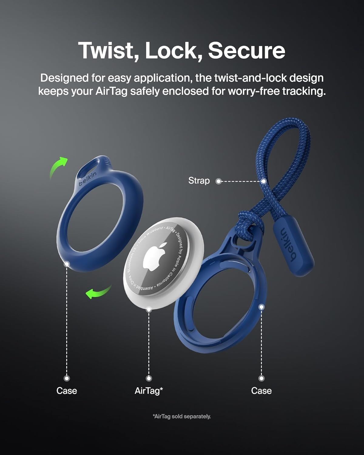 Apple Airtag Secure Holder with Strap - Apple Air Tag Keychain - Airtag Holder with Strap for Key Ring - Airtag Keychain Accessories - Scratch Resistant Airtag Case with Raised Edges - Blue