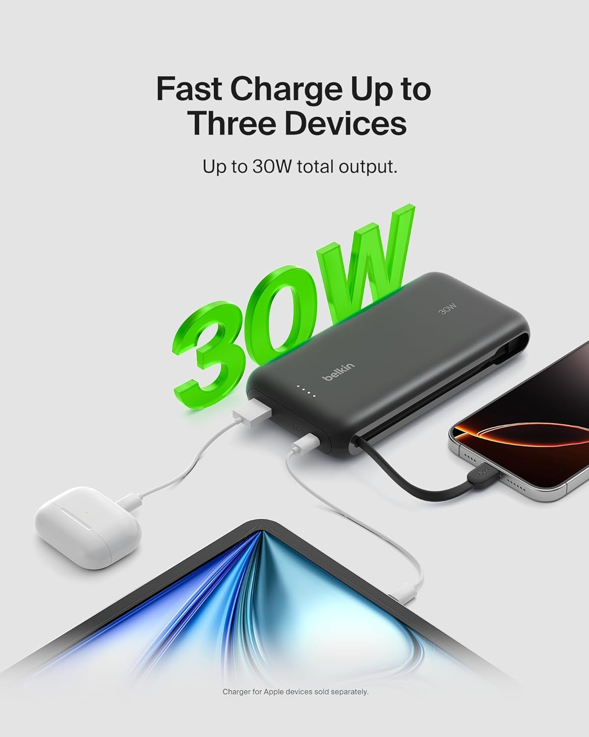 Power Bank with Integrated Cable, Fast Charging USB-C, 20000 Mah 30W, Portable Charger Power Bank USB C for Iphone 17, Air, Pro, Pro Max, Ipad, Airpods, Apple Watch, Galaxy S25, & More - Black