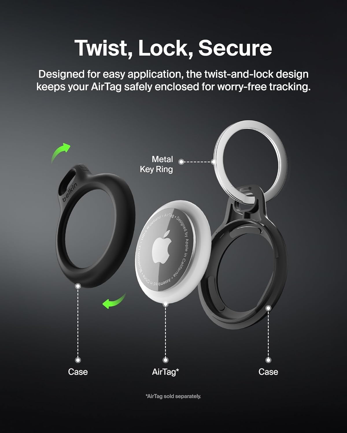 Apple Airtag Secure Holder with Key Ring - Durable Scratch Resistant Case with Open Face & Raised Edges - Protective Airtag Keychain Accessory for Keys, Pets, Luggage, Backpacks - 4-Pack Black