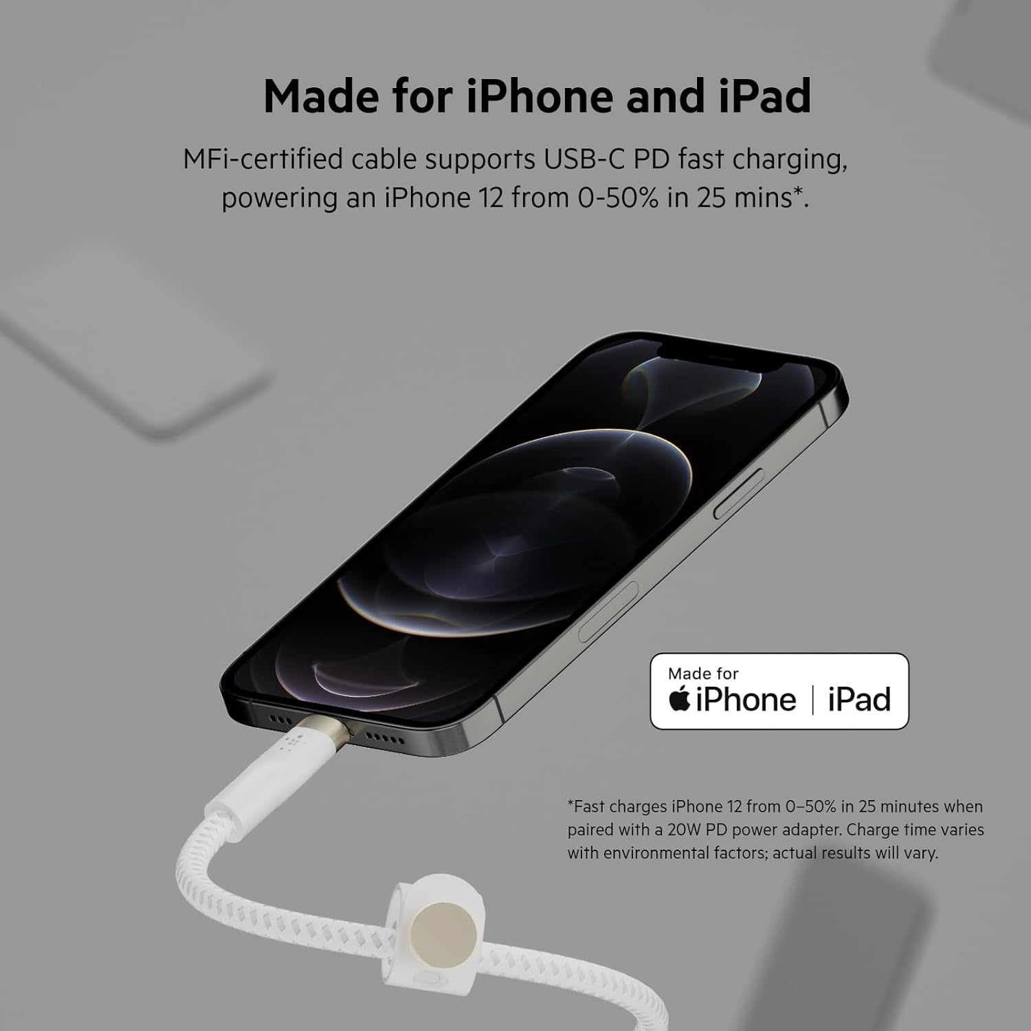 Boostcharge Pro Flex Braided USB Type C to Lightning Cable (2M/6.6Ft), Mfi Certified 20W Fast Charging PD Power Delivery for Iphone 14, Iphone 13, 12, 11, Pro, Max, Mini, SE, Ipad - White