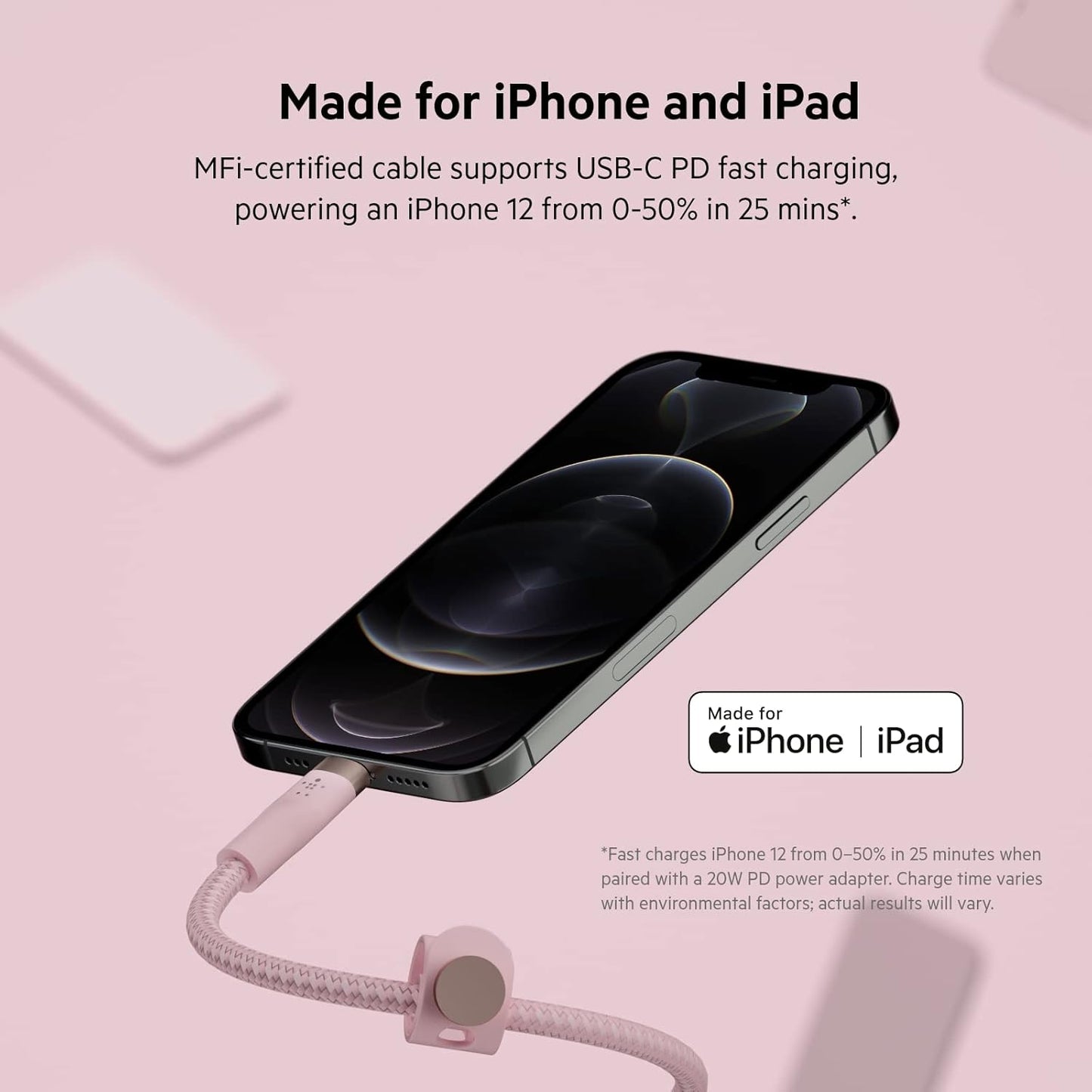 Boostcharge Pro Flex Braided USB-C to Lightning Cable (2M/6.6Ft), Mfi Certified 20W Fast Charging PD Power Delivery for Iphone 14, Iphone 13, 12, 11, Pro, Pro Max, Mini, SE, Ipad - Pink