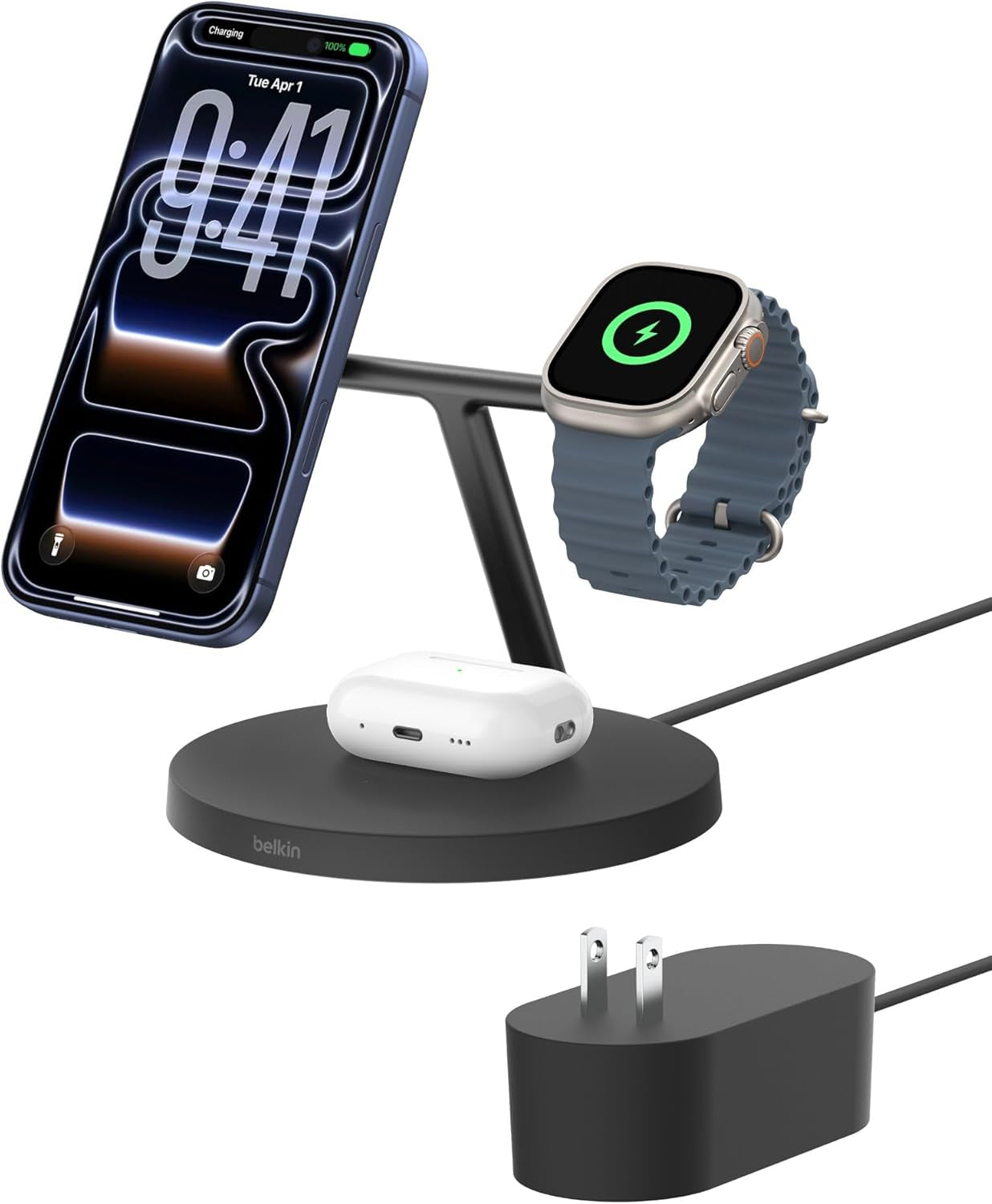 Magsafe-Compatible Iphone Charger, 3-In-1 Wireless Charging Station, Qi2-Certified 15W Wireless Charge for Apple Iphone 17 Series, Apple Watch, Airpods W/Non-Slip Base, 40W Included - Black