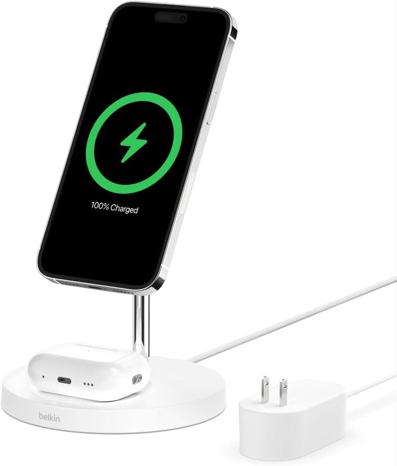 Magsafe 2-In-1 Wireless Charging Stand for Apple Iphone 16, Iphone 15, Iphone 14, & Iphone 13 Series & Airpods - Magsafe Fast Charging Station for Multiple Devices - White
