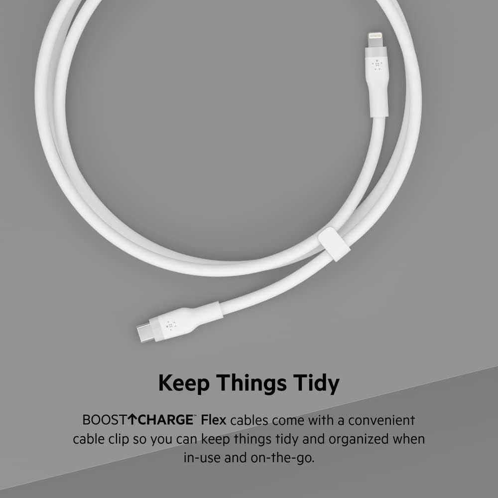 Boostcharge Flex Silicone USB-C to Lightning Cable (2M/6.6FT), Mfi-Certified Charging Cable for Iphone Series with Cable Clip - White