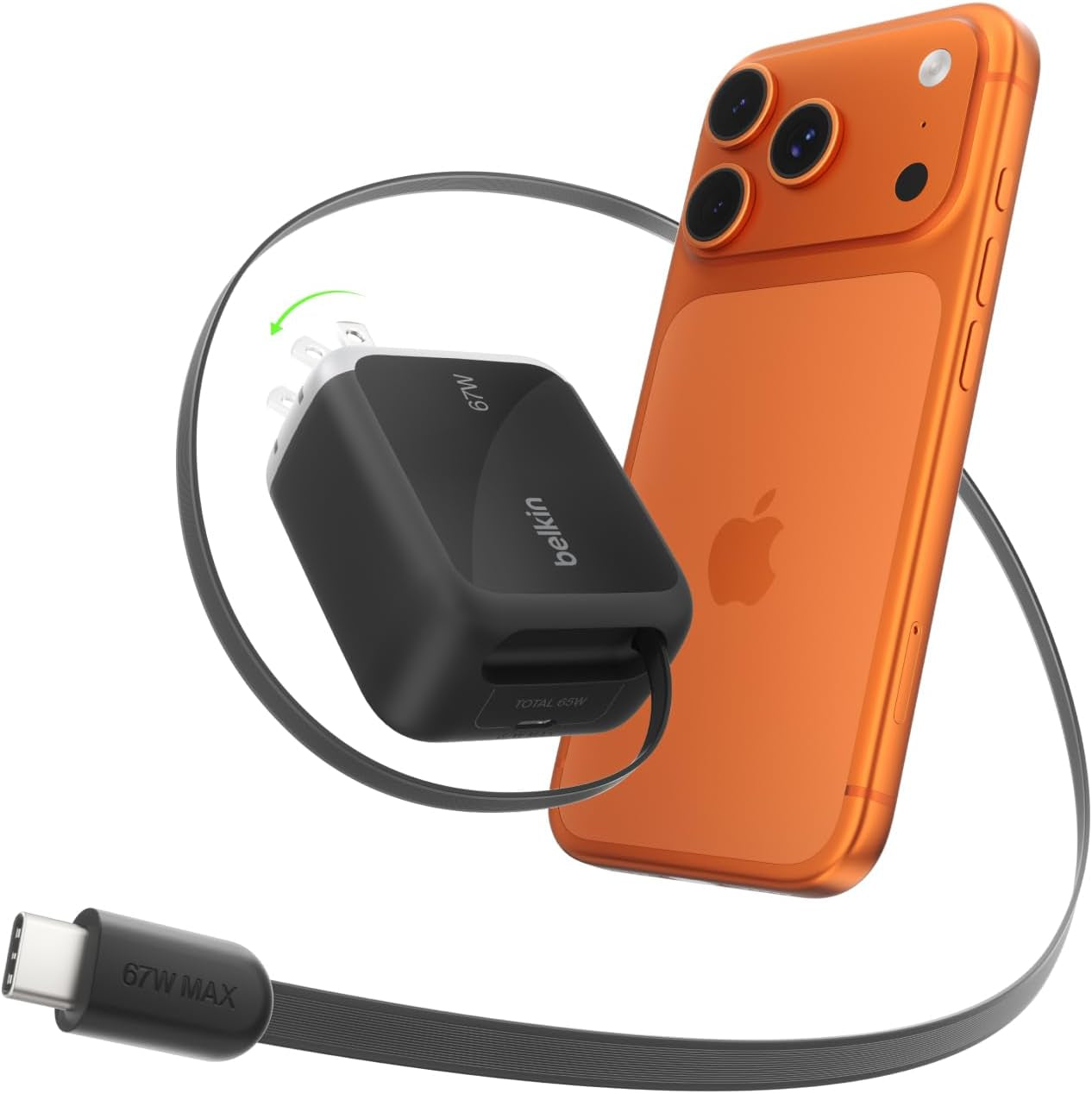 USB C Retractable Wall Charger, 67W Max Gan Fast Charging Block W/Built-In, Extra-Long 3.3Ft Retractable Cable - Iphone Charger for Iphone 17/16 Series, Galaxy, Macbook, Airpods, Ipad, & More