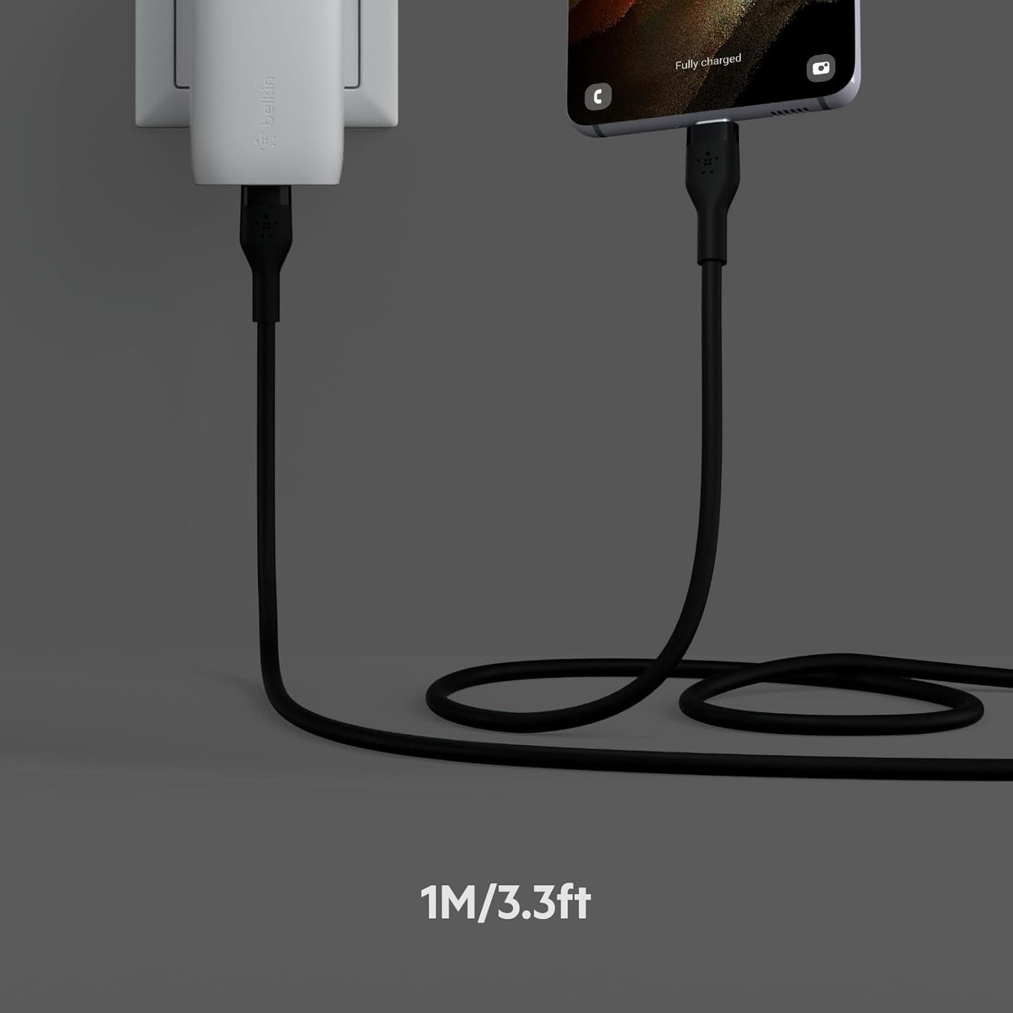 Boostcharge Flex Silicone USB-C to USB-C Charging Cable (1M/3.3FT) for Iphone 16, Iphone 16 Pro, Galaxy S25, S24, Pixel 9 & 8, Nintendo Switch 2 & More with Cable Clip - Black