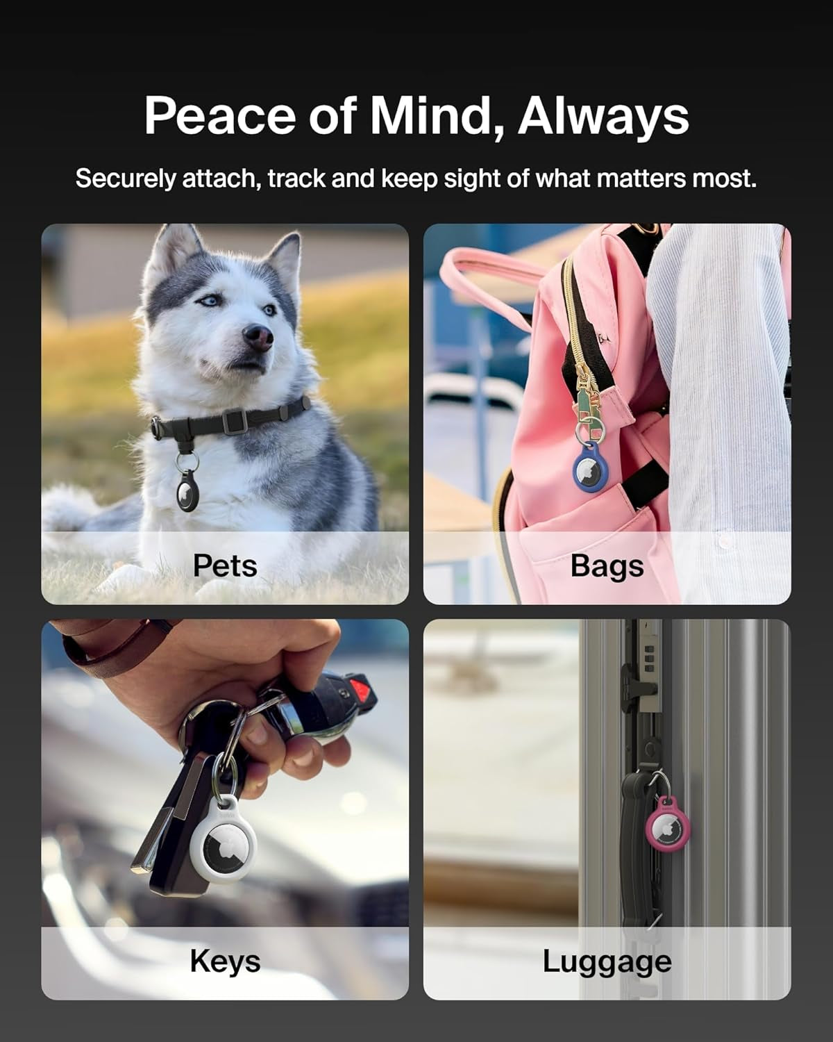 Apple Airtag Secure Holder with Key Ring - Durable Scratch Resistant Case with Open Face & Raised Edges - Protective Airtag Keychain Accessory for Keys, Pets, Luggage, Backpacks - 4-Pack Black