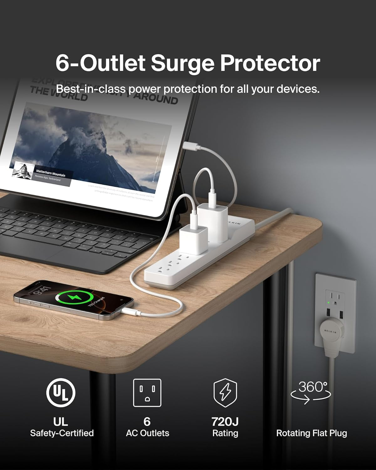 Belkin 6-Outlet Slimline Power Strip Surge Protector, 6Ft Cord and Rotating Plug, 700 Joules, White