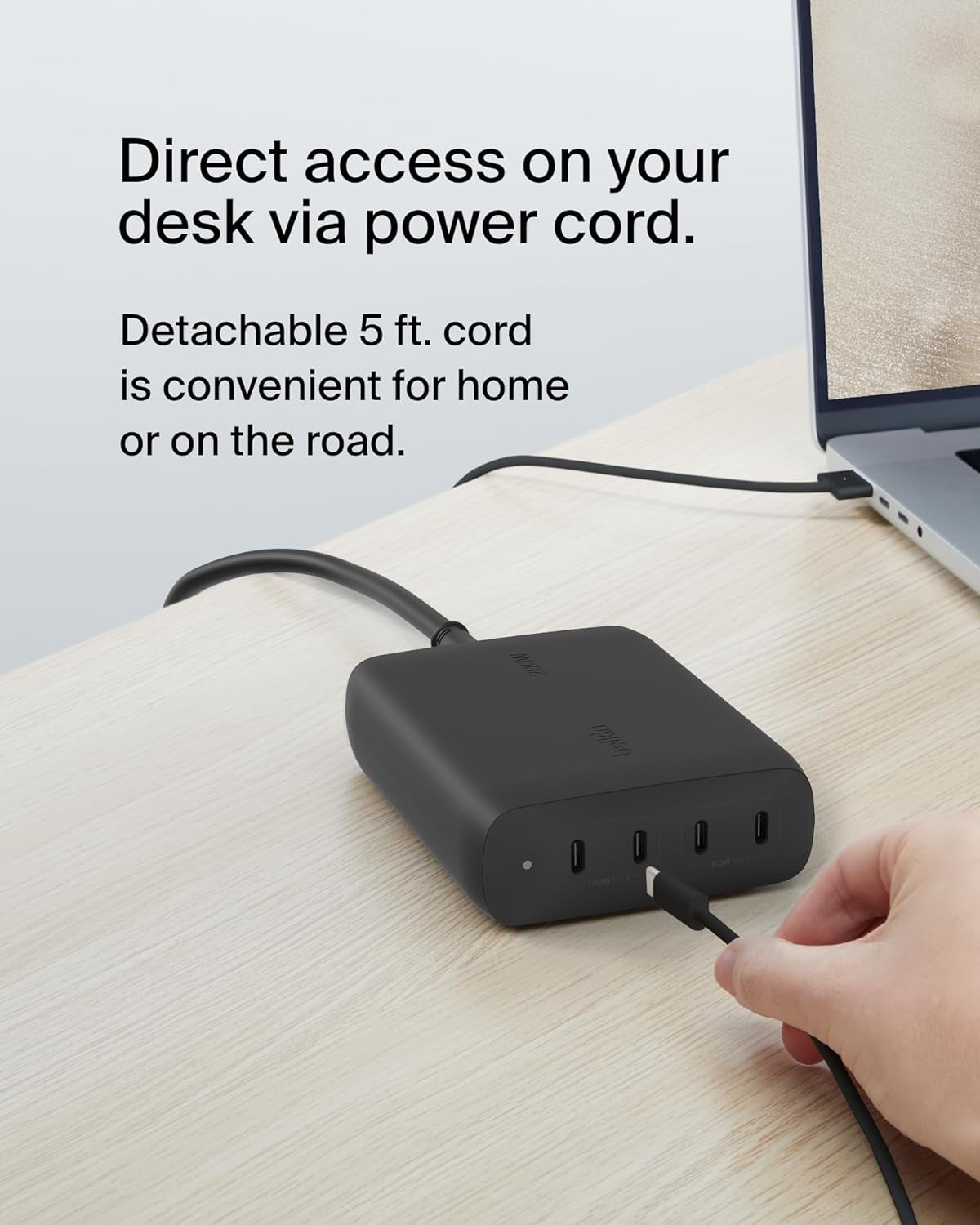 4-Port USB C Charger Block, 200W Gan Multi-Port Charger USB-C PD 3.1 Fast Charge + 5Ft Power Cord - Macbook, Iphone 17, Air, Ipad, Galaxy S26, Google Pixel 10, Nintendo Switch 2 - Black