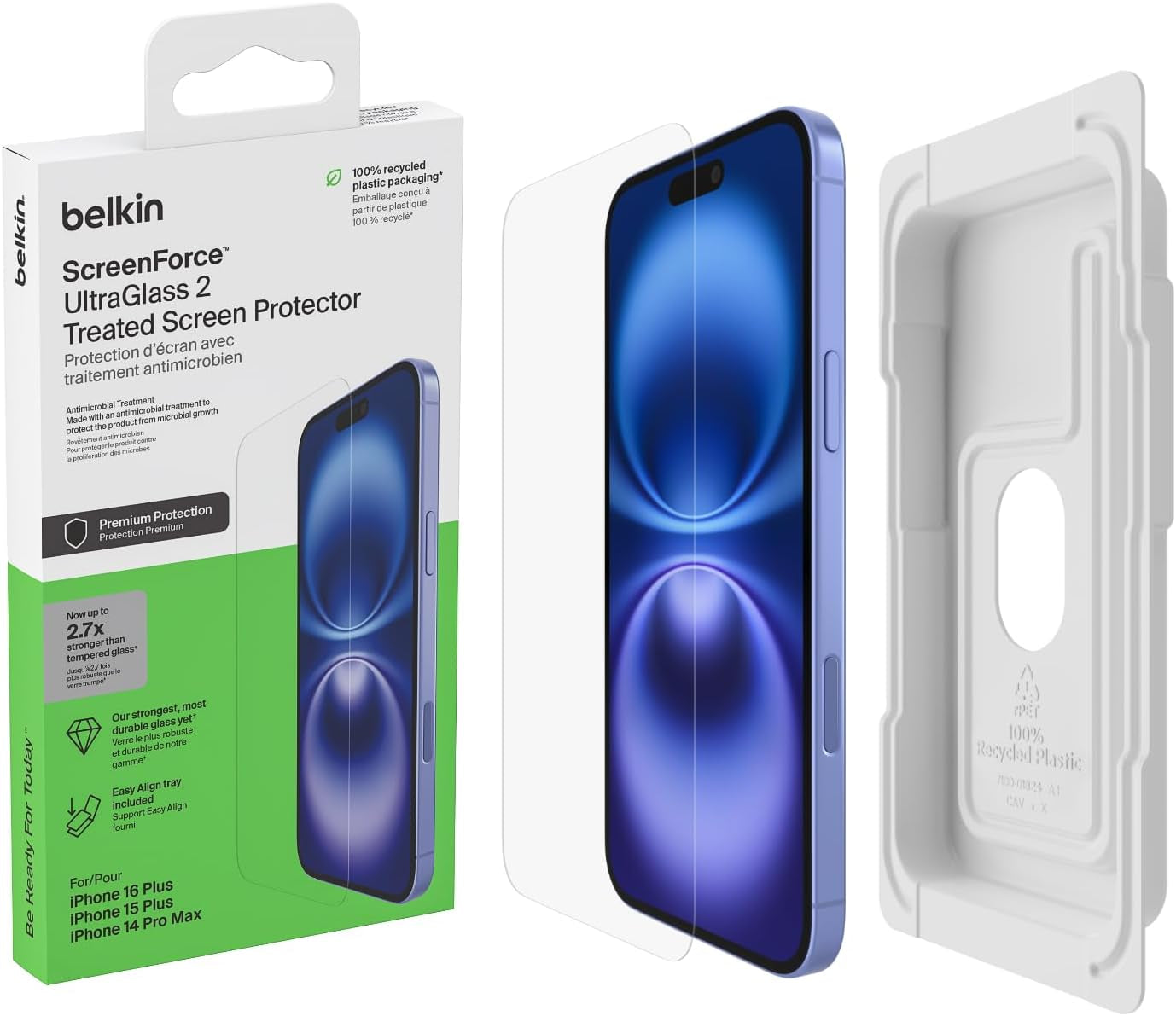 Screenforce Ultraglass 2 Treated Screen Protector for Iphone 16 Plus, 15 Plus, & 14 Pro Max - Slim & Scratch-Resistant, 9H Hardness W/Slim Design & Easy Align Tray for Bubble-Free Application