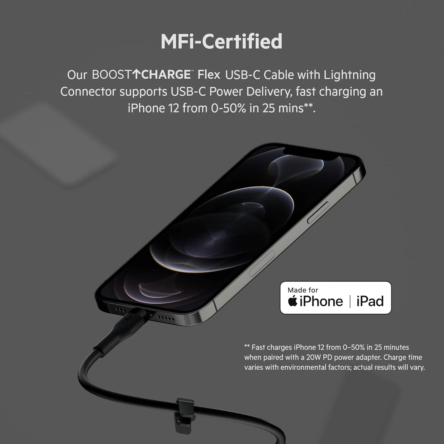 Boostcharge Flex Silicone USB-C to Lightning Cable (1M/3.3FT), Mfi-Certified Charging Cable for Iphone Series with Cable Clip - Black