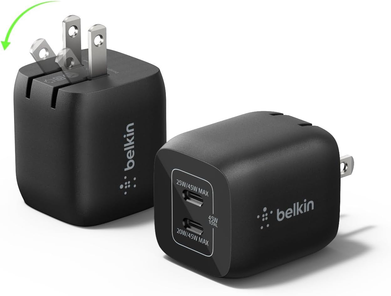 Dual USB C Charger Block 45W (2 Pack), Super Fast Charging PD 3.0 PPS W/ Gan - Samsung Galaxy S26, Apple Iphone 17, Air, Pro, Pro Max, Ipad, Macbook, Nintendo Switch 2 & More - Black