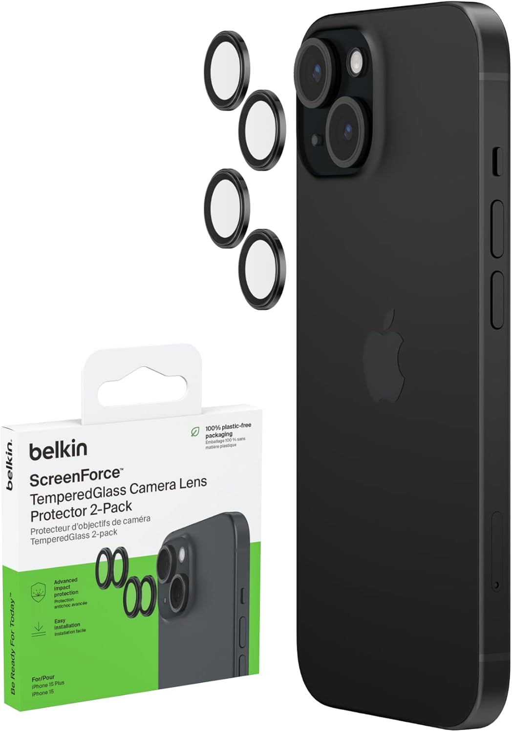 Screenforce Temperedglass Camera Lens Protector for Apple Iphone 15, 15 plus - Case-Compatible Tempered Glass Lens Cover, Apple Iphone Accessories - 2-Pack