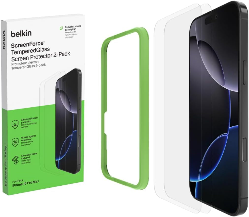 Screenforce Temperedglass Treated Screen Protector for Iphone 16 Pro Max - Slim & Scratch-Resistant - Includes Easy Align Frame for Bubble Free Application - 2-Pack