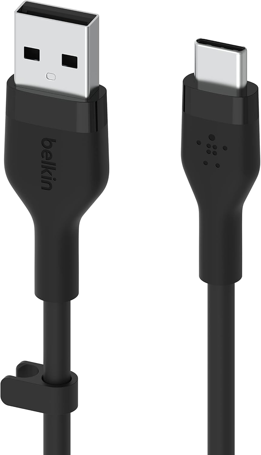 Boostcharge Flex Silicone USB-A to USB-C Cable (2M/6.6Ft) for Iphone 17, Iphone 17 Pro, Galaxy S25, S24, Note, Pixel 9 & 8, Nintendo Switch 2, Carplay & More with Cable Clip - Black