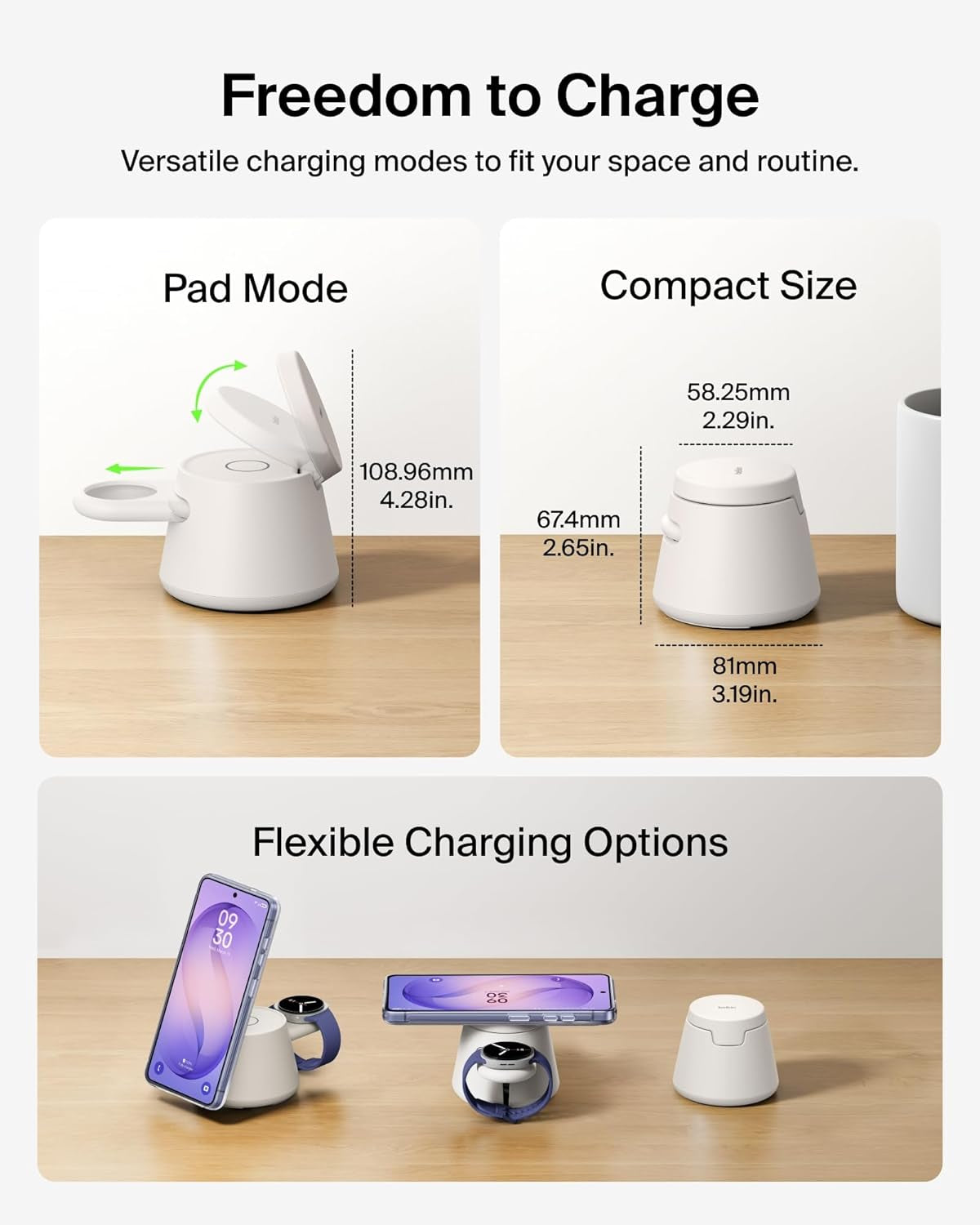 3-In-1 Wireless Charging Station for Samsung Galaxy S26, Android - Qi2.2 25W Magnetic Charger for Pixel 10, Iphone 17, USB C Port for Galaxy, Pixel, & Apple Watch (Watch Charger Not Included)