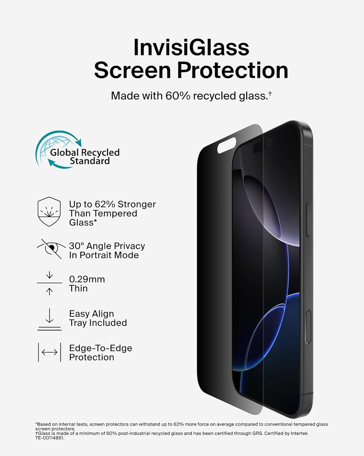 Screenforce Invisiglass Privacy Screen Protector for Iphone 16 Pro Max, Scratch-Resistant Impact Protection W/Included Easy Align Tray for Bubble Free Application - Made with Recycled Glass