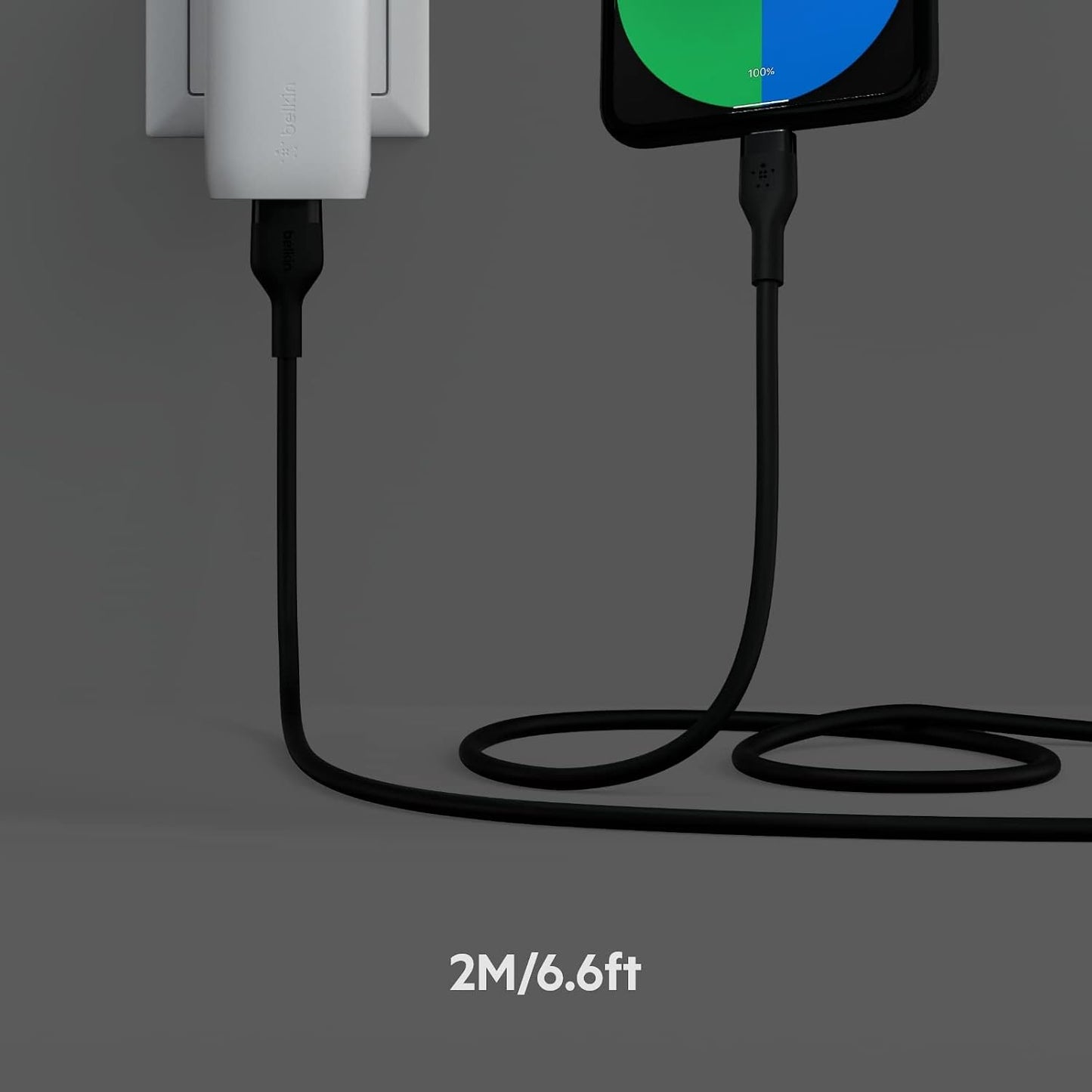 Boostcharge Flex Silicone USB-A to USB-C Cable (2M/6.6Ft) for Iphone 17, Iphone 17 Pro, Galaxy S25, S24, Note, Pixel 9 & 8, Nintendo Switch 2, Carplay & More with Cable Clip - Black