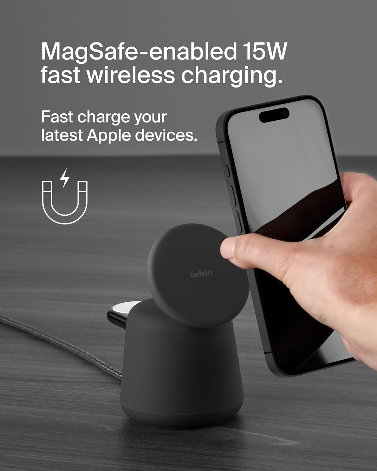 2-In-1 Magsafe Wireless Charging Dock 15W Fast Charge Iphone Charger Compatible with Iphone 17, 16, 15, and 14 Series, Airpods, Pixel 10, and Other Magsafe Enabled Devices, PSU Included - Black