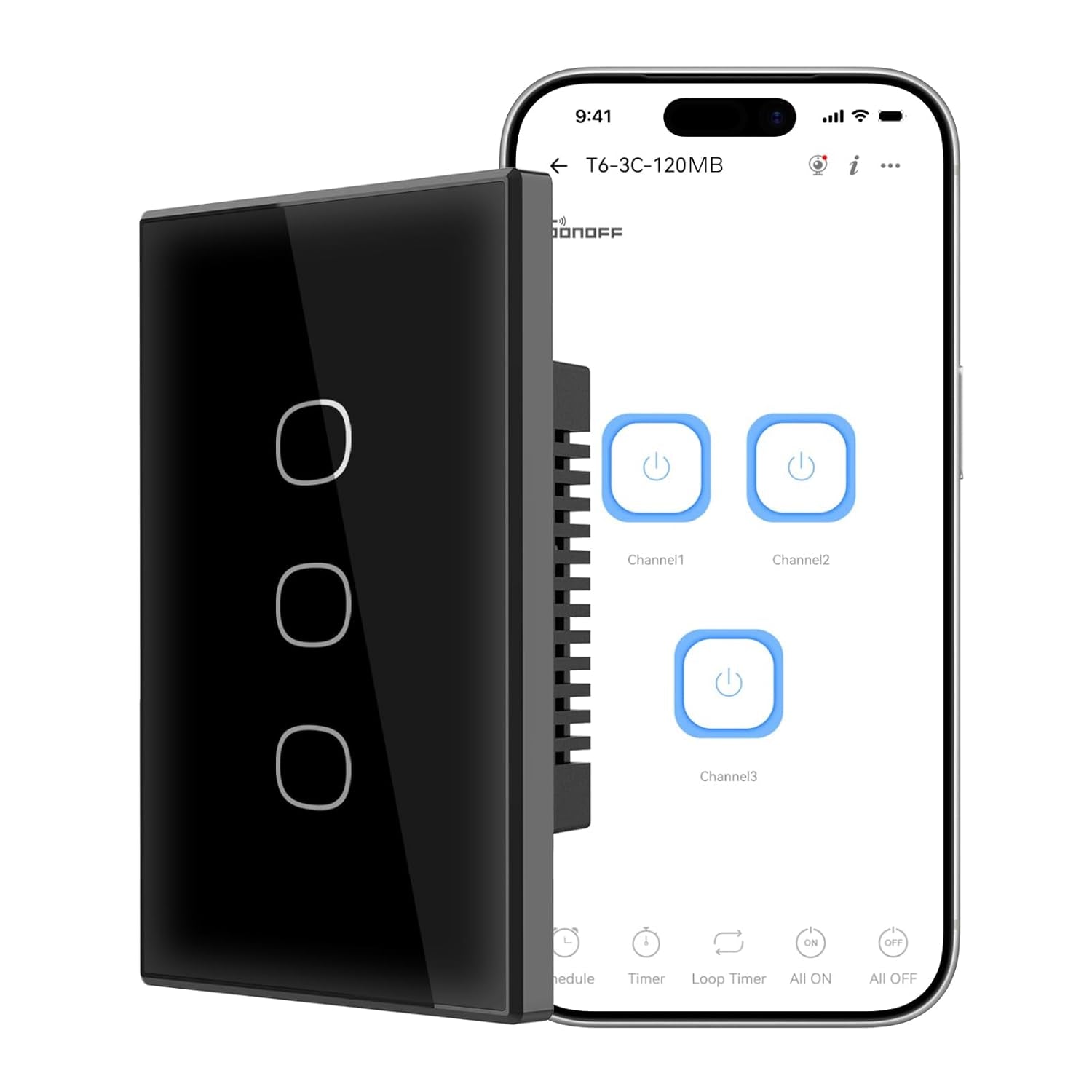 TX Gen2 Smart Wall Touch Switch - 3-Channel 120-Type Panel, 2.4GHz Wi-Fi, Neutral Required, Matter Compatible, Compatible with Apple Home, Google Home, and Amazon Alexa, Model T6-3C-120MB