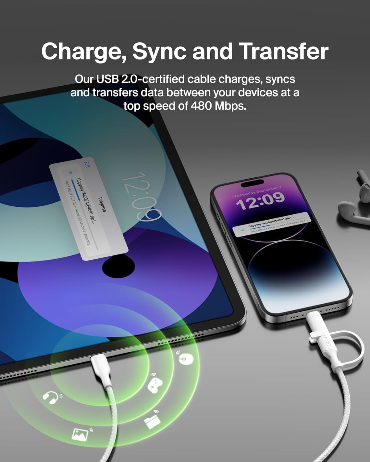 Boostcharge Braided 2-In-1 USB-C Charging Cable W/Usb-C & Lightning Connector (1.5M) Fast & Multi-Charging for Iphone Series, Ipad, Macbook, Galaxy Series, Nintendo Switch 2 & More - White
