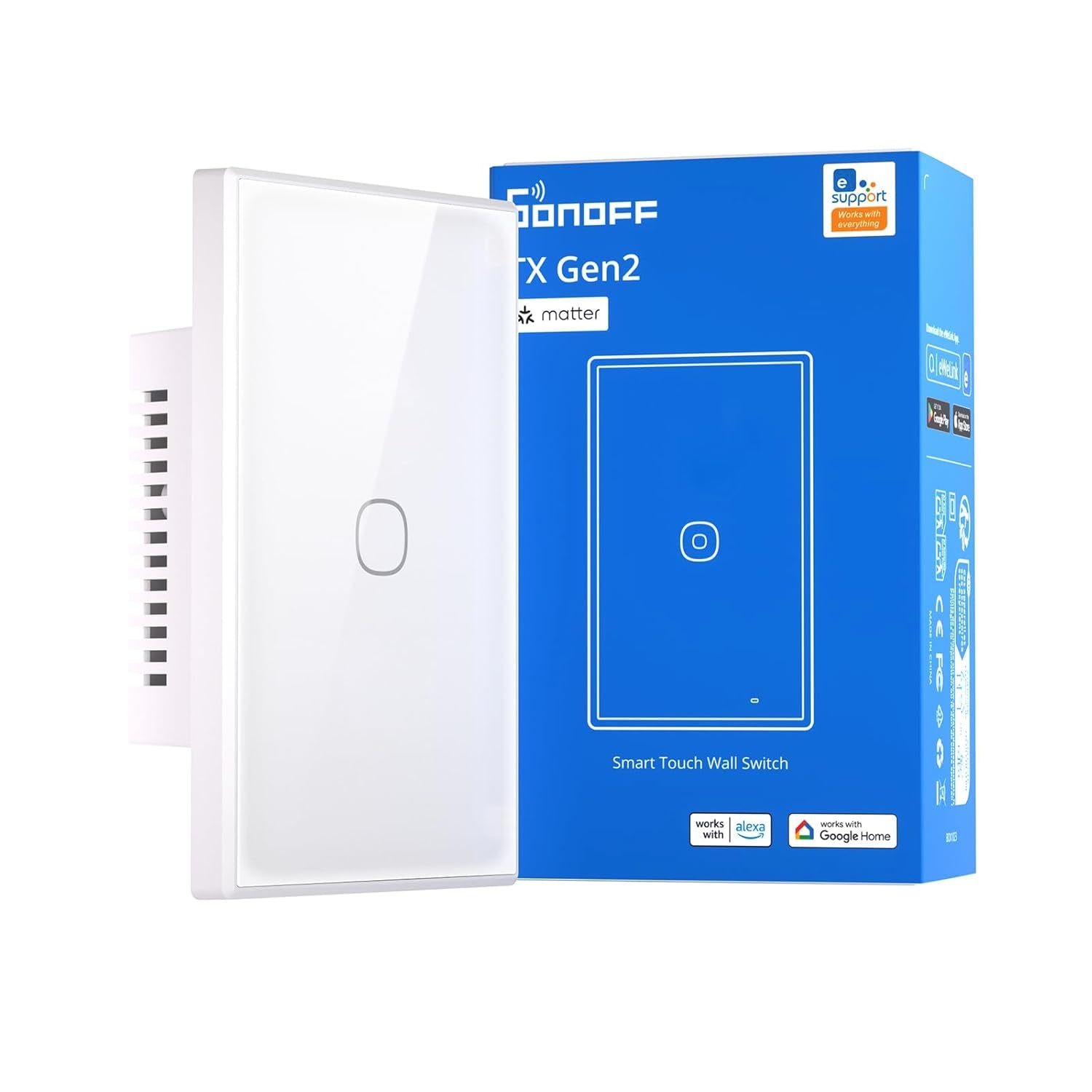 TX Gen2 Smart Wall Touch Switch - 1-Channel 120-Type Panel, 2.4GHz Wi-Fi, Ewelink App Control, Matter Compatible, Compatible with Apple Home, Google Home, and Amazon Alexa - Model T6-1C-120M